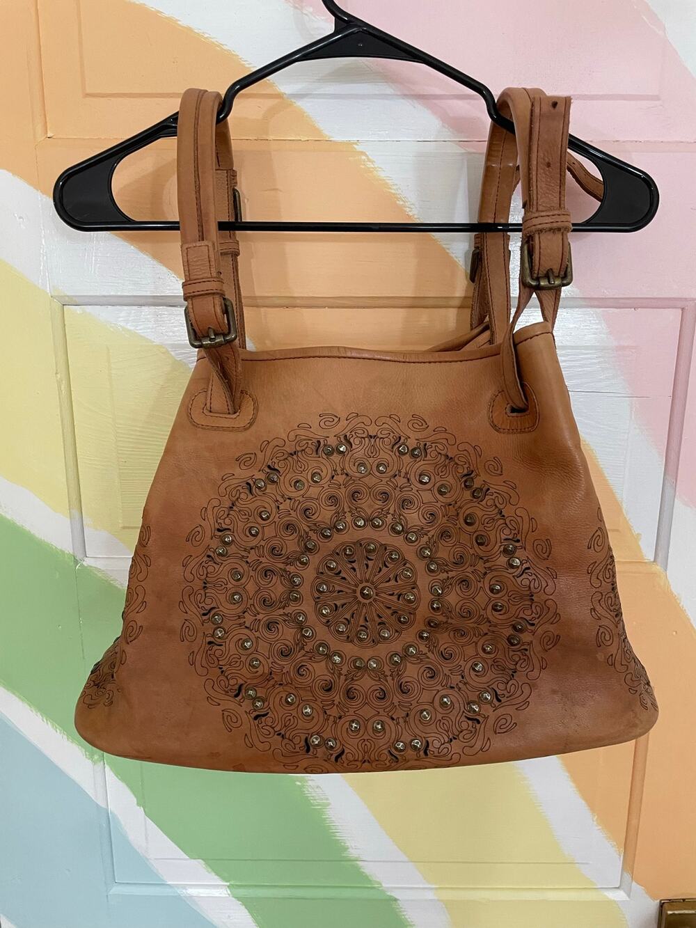 Platania Italy Leather Studded Mandala Tote Bag Cognac Boho Shoulder Purse